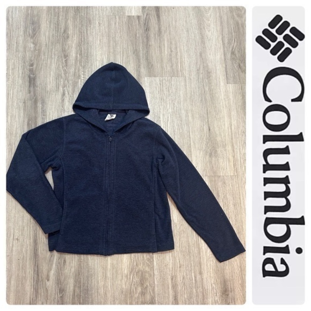 COLUMBIA navy size small (4-6) zip up soft fleece hooded sweater jacket. EEUC.